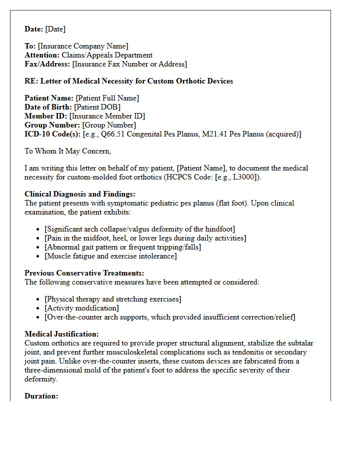 Pediatric Flat Foot Orthotic Device Letter of Medical Necessity