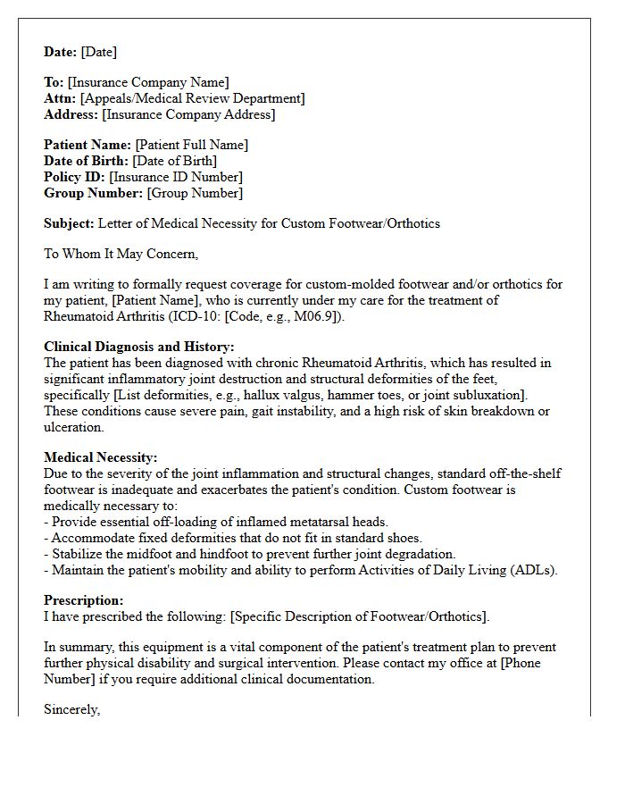 Letter of Medical Necessity for Rheumatoid Arthritis Custom Footwear