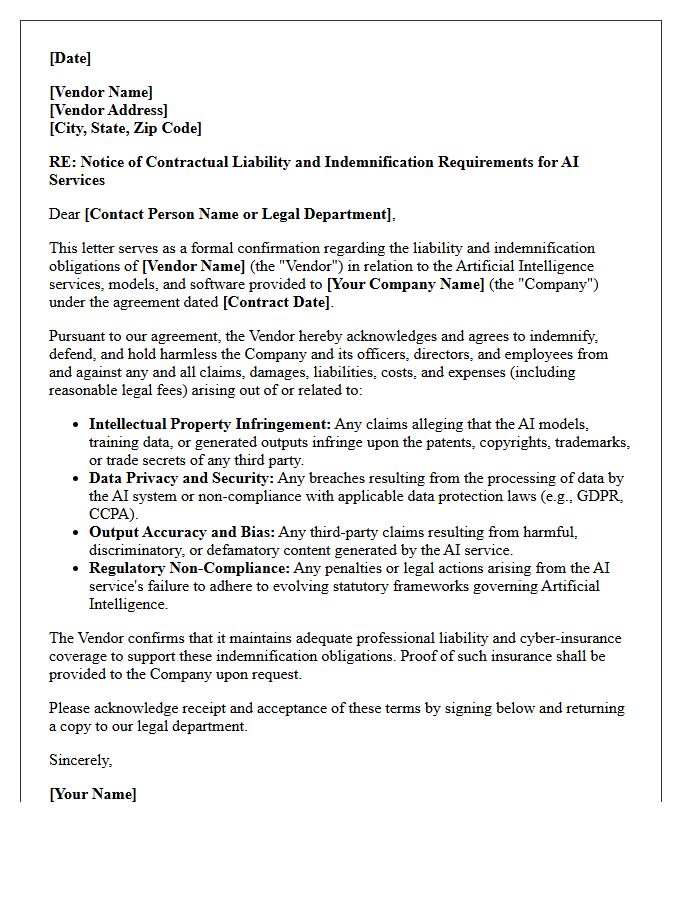 Artificial Intelligence Vendor Contract Liability Indemnification Letter