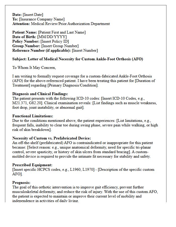 Custom Ankle-Foot Orthosis Letter of Medical Necessity