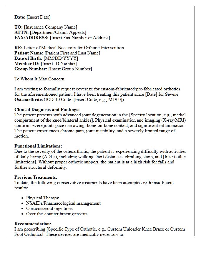 Letter of Medical Necessity for Severe Osteoarthritis Orthotics