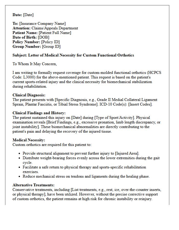 Sports Injury Rehabilitation Custom Orthotic Letter of Medical Necessity