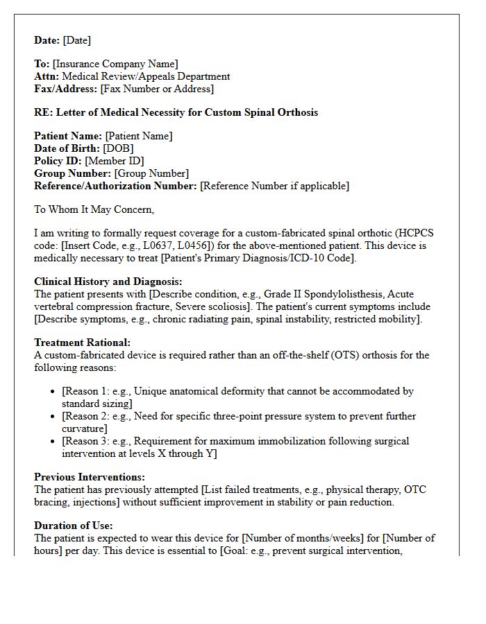 Custom Spinal Orthotic Device Letter of Medical Necessity