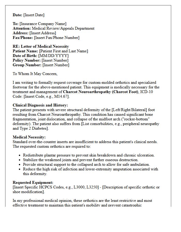 Letter of Medical Necessity for Charcot Foot Deformity Orthotics