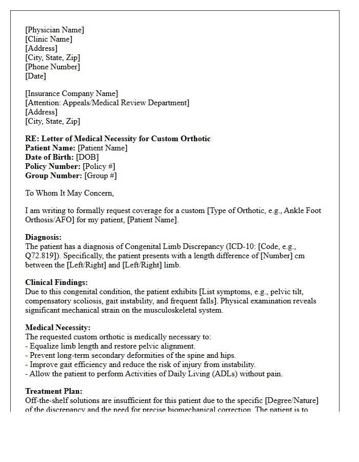 Congenital Limb Discrepancy Custom Orthotic Letter of Medical Necessity