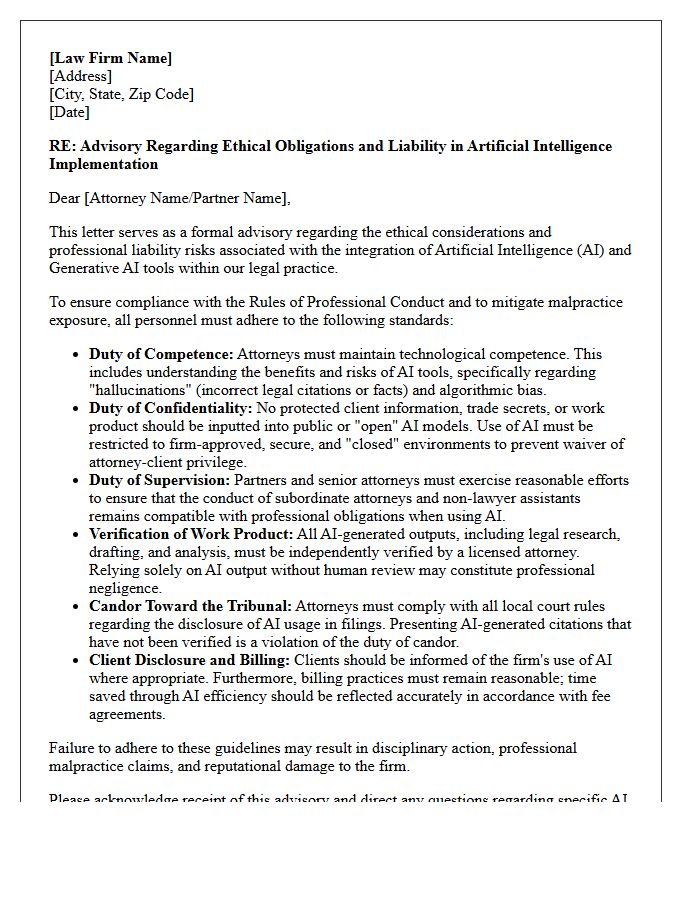 Attorney Ethics and Artificial Intelligence Implementation Liability Advisory Letter
