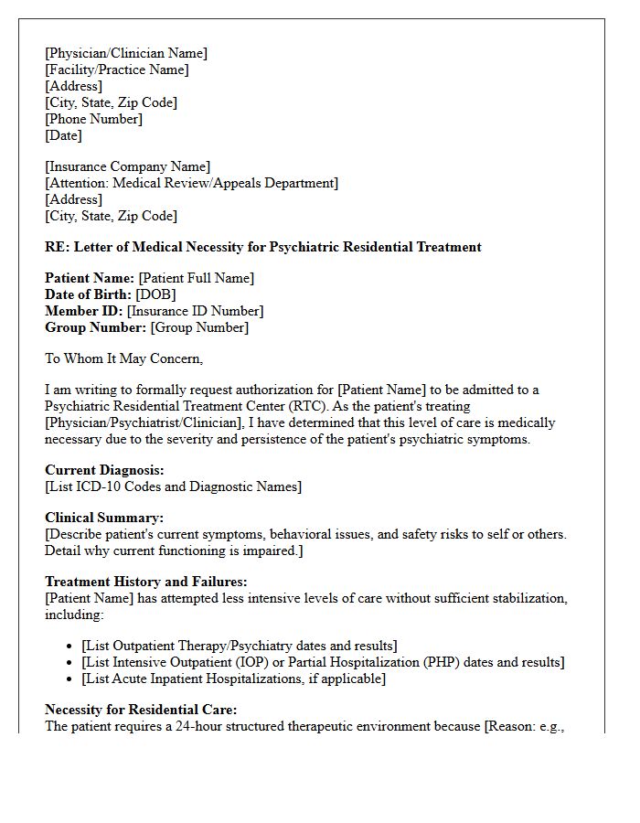 Letter of Medical Necessity for Psychiatric Residential Treatment