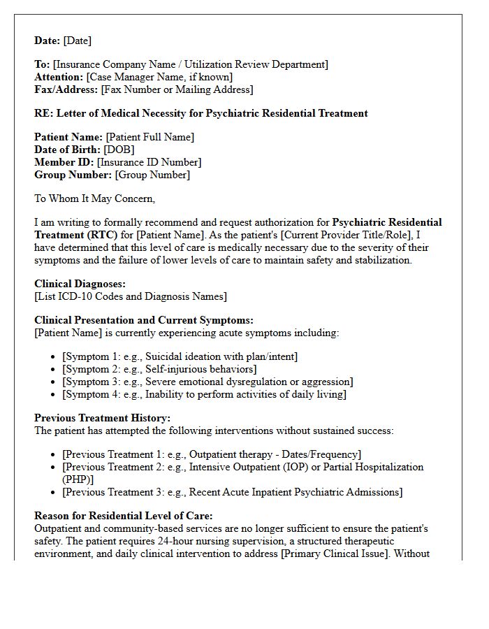 Clinical Letter of Medical Necessity for Psychiatric Residential Treatment
