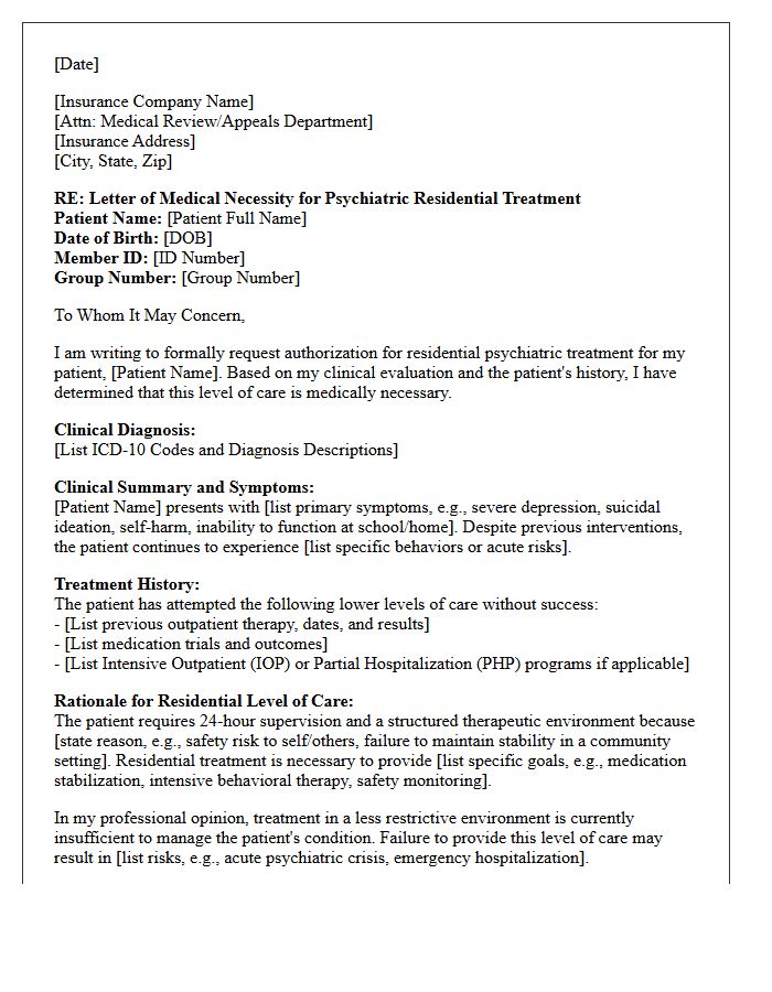Physician Letter of Medical Necessity for Psychiatric Residential Care