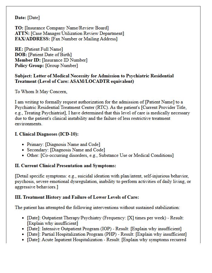 Comprehensive Letter of Medical Necessity for Psychiatric Residential Treatment Admission
