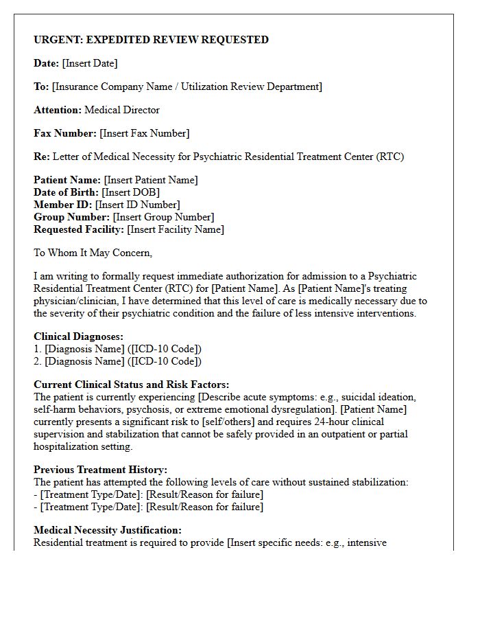 Urgent Letter of Medical Necessity for Psychiatric Residential Treatment