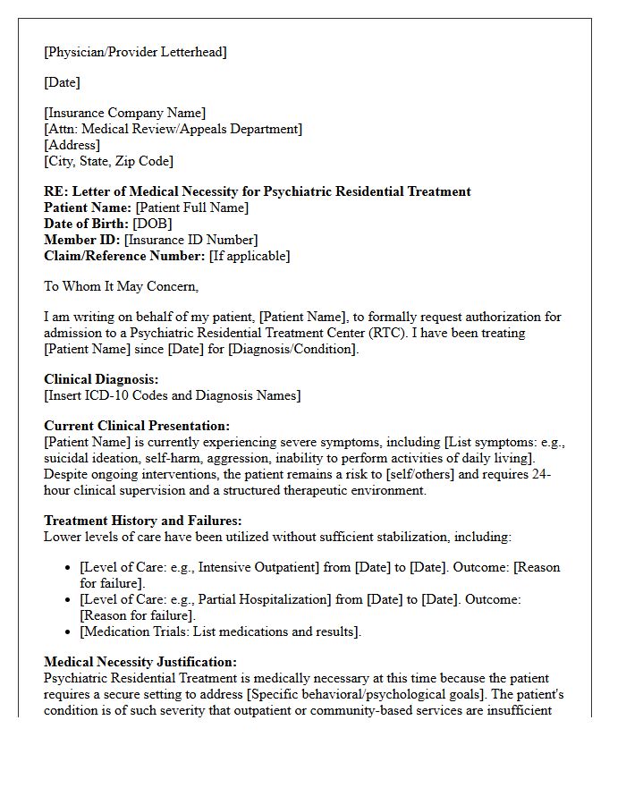 Treating Provider Letter of Medical Necessity for Psychiatric Residential Treatment
