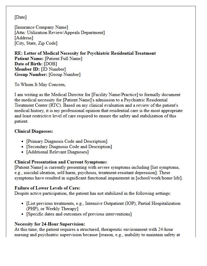 Medical Director Letter of Necessity for Psychiatric Residential Treatment