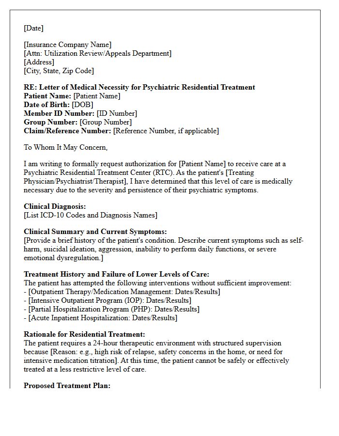 Insurance Authorization Letter of Medical Necessity for Psychiatric Residential Treatment