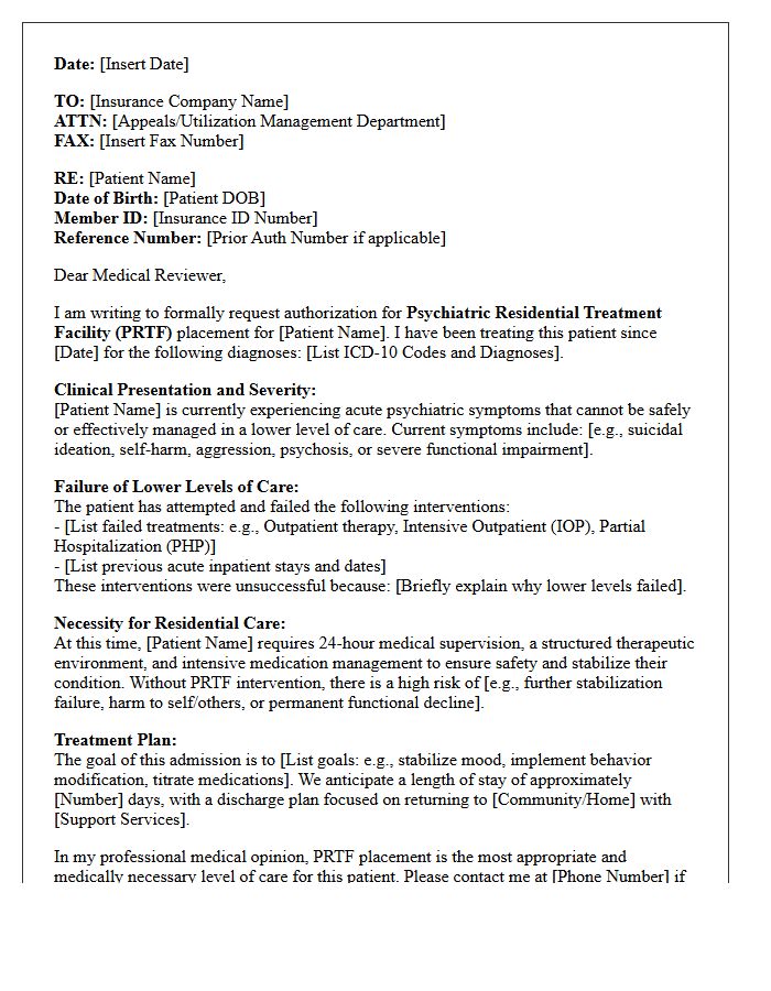 Pediatric Letter of Medical Necessity for Psychiatric Residential Treatment