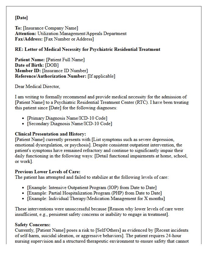 Standard Clinic Letter of Medical Necessity for Psychiatric Residential Treatment