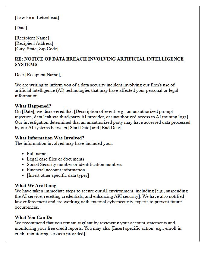 Law Firm Artificial Intelligence Data Breach Liability Notification Letter