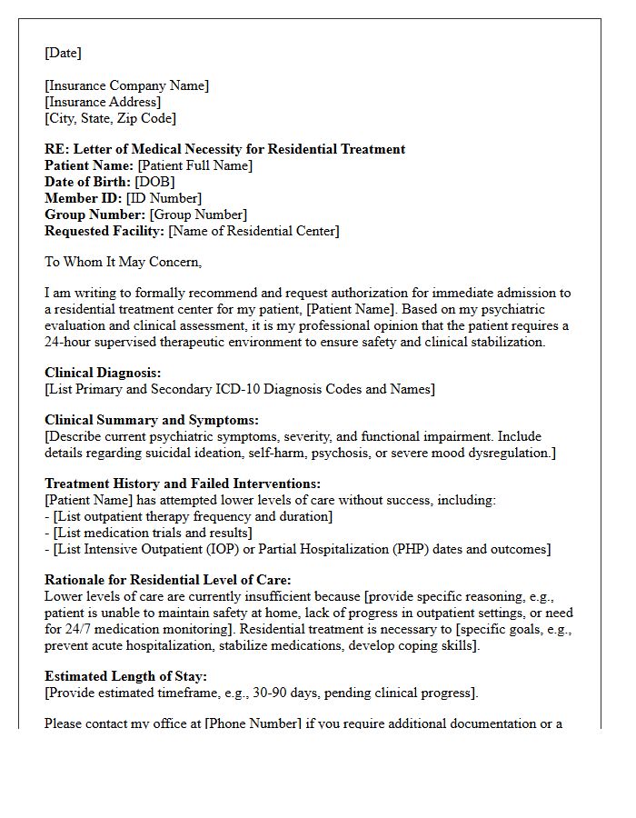 Psychiatric Evaluation Letter of Medical Necessity for Residential Treatment