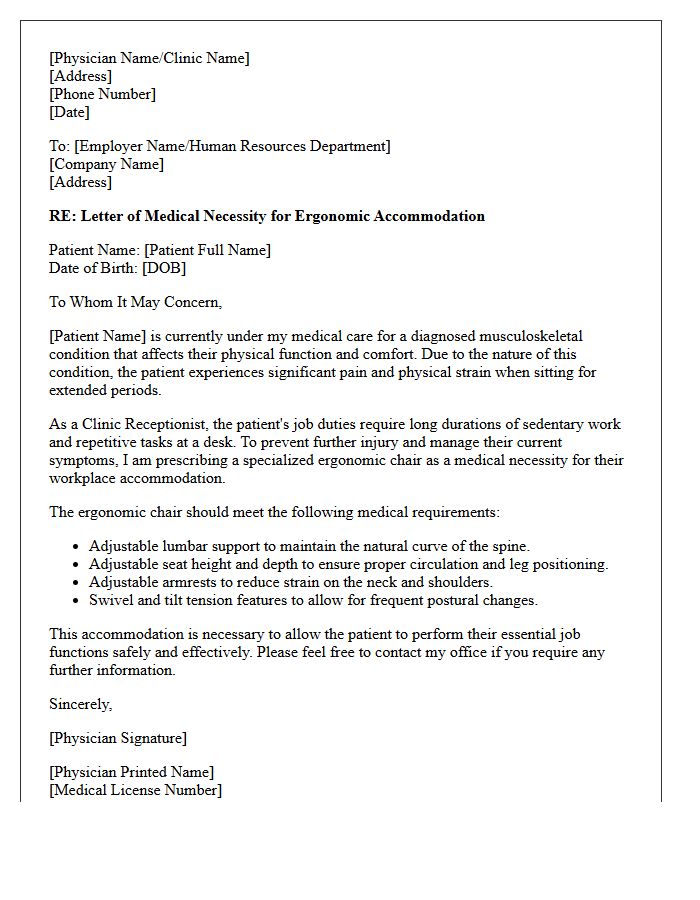 Letter of Medical Necessity for Ergonomic Chair Accommodation for Clinic Receptionist