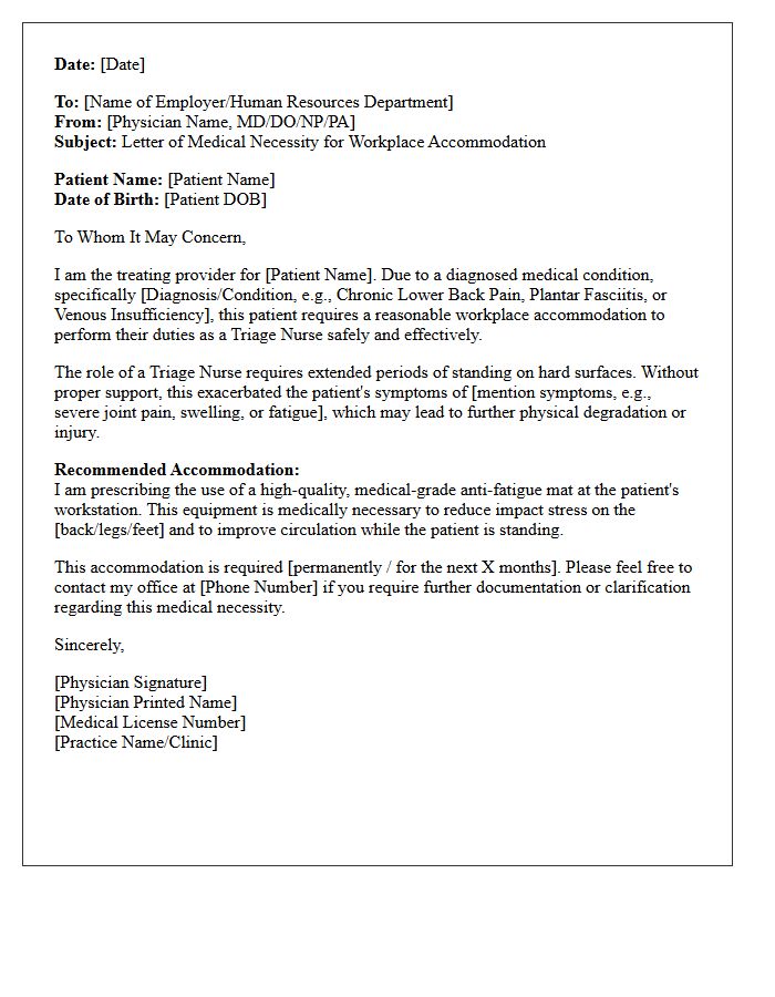 Letter of Medical Necessity for Anti-Fatigue Mat Accommodation for Triage Nurse