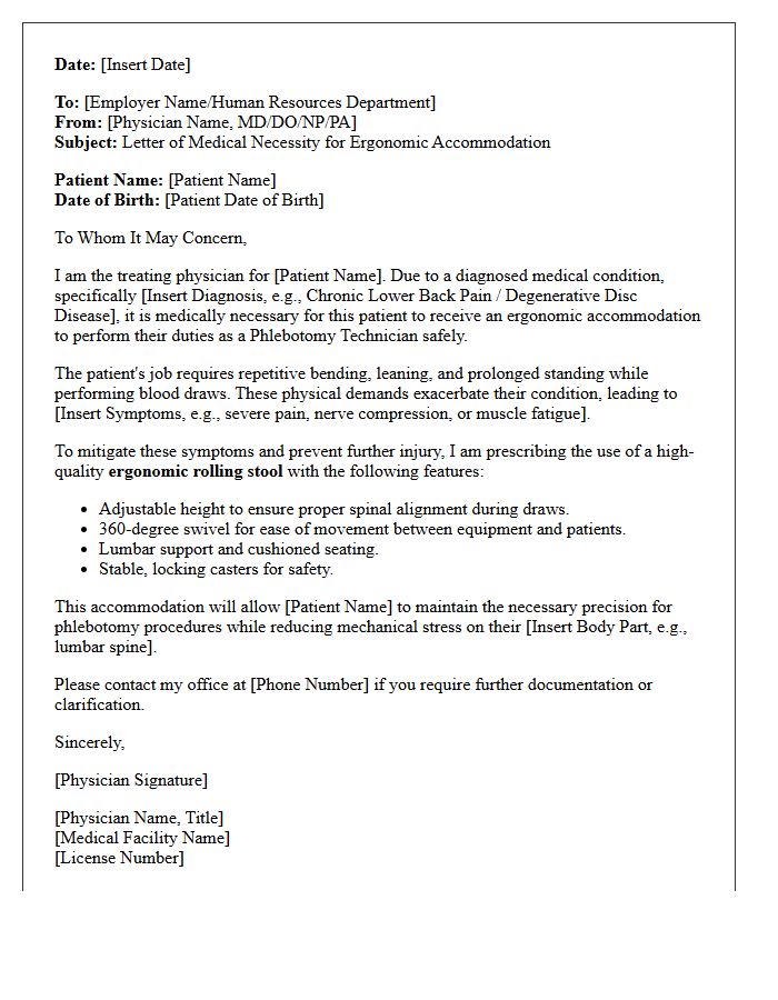 Letter of Medical Necessity for Ergonomic Stool Accommodation for Phlebotomy Technician