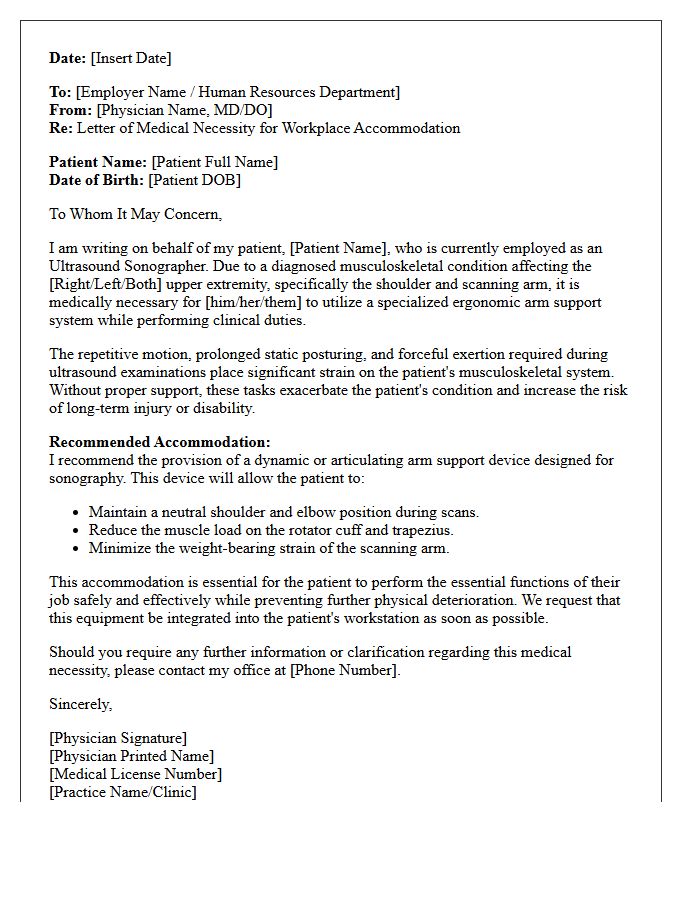 Letter of Medical Necessity for Arm Support Accommodation for Ultrasound Sonographer
