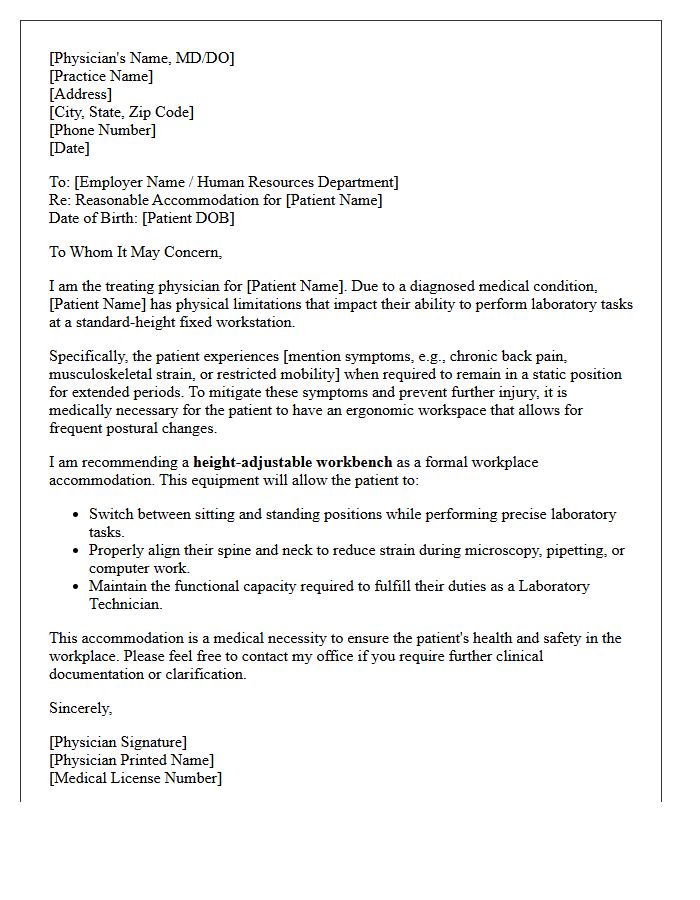 Letter of Medical Necessity for Adjustable Height Workbench Accommodation for Laboratory Technician