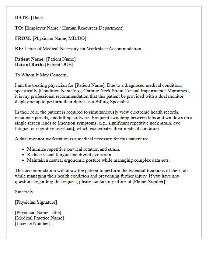 Letter of Medical Necessity for Dual Monitor Display Accommodation for Billing Specialist