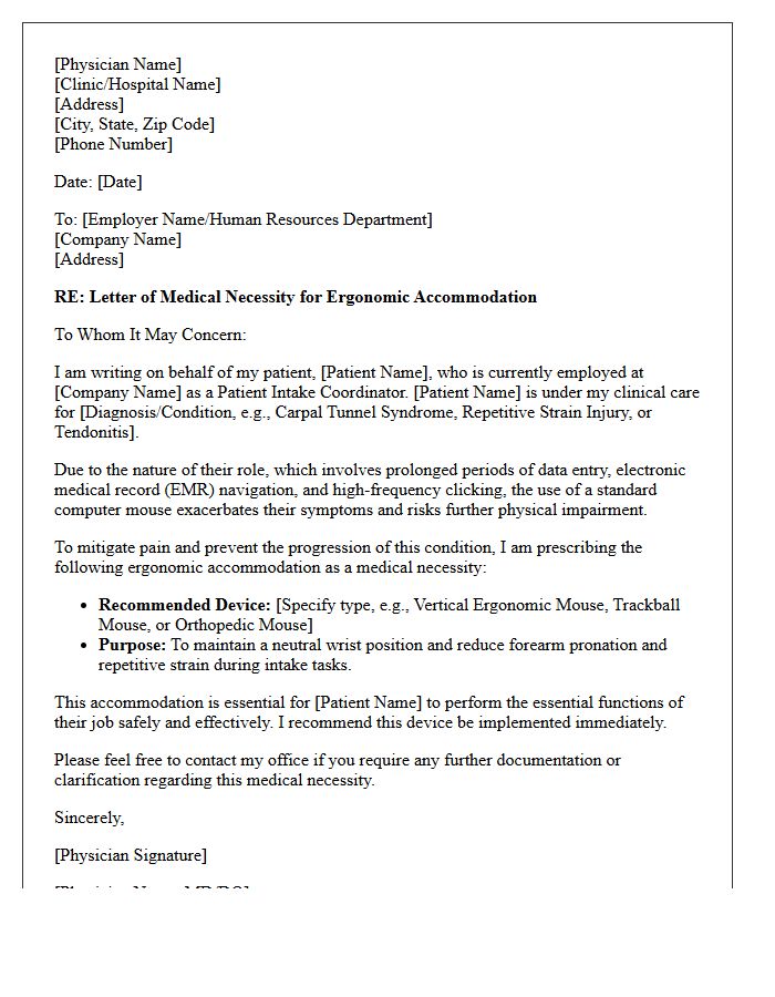 Letter of Medical Necessity for Ergonomic Mouse Accommodation for Patient Intake Coordinator