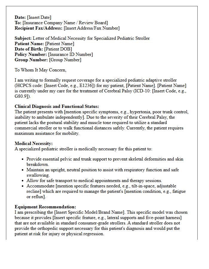 Letter of Medical Necessity for Specialized Pediatric Stroller Due to Cerebral Palsy