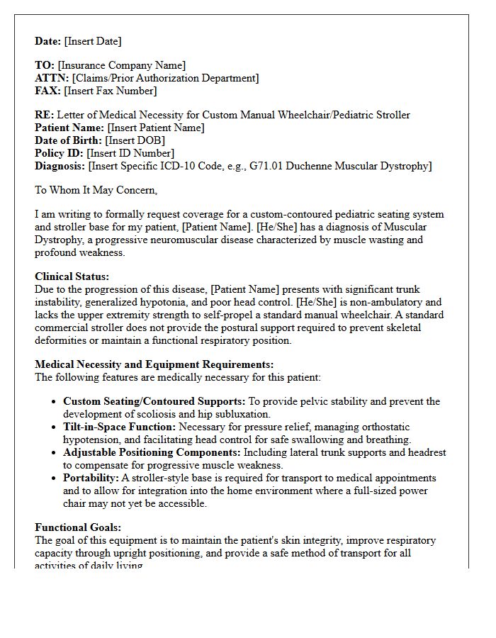 Letter of Medical Necessity for Custom Seating Pediatric Stroller for Muscular Dystrophy