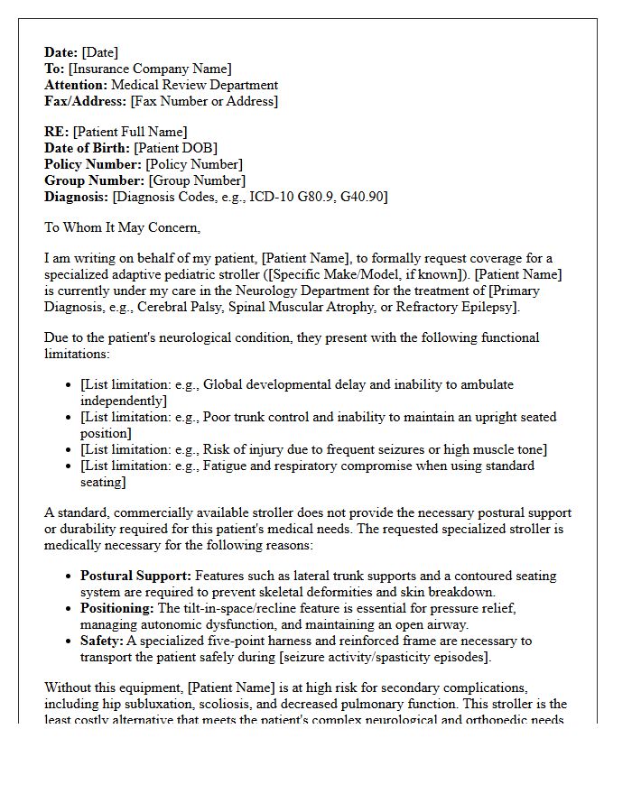 Neurology Department Letter of Medical Necessity for Specialized Pediatric Stroller