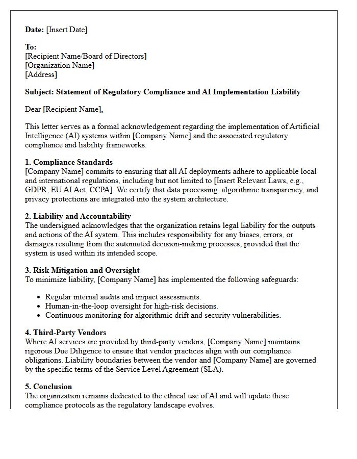Regulatory Compliance and Artificial Intelligence Implementation Liability Letter