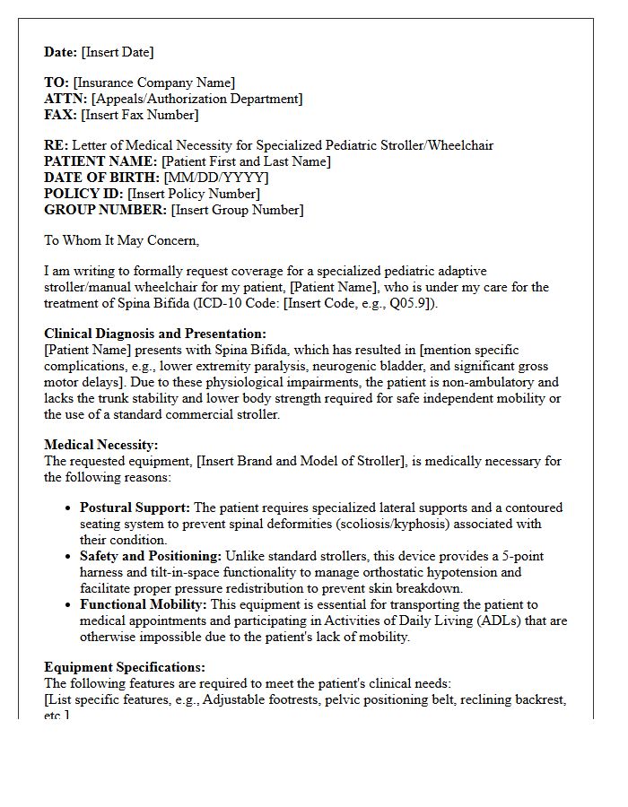 Letter of Medical Necessity for Specialized Pediatric Stroller for Spina Bifida Patient