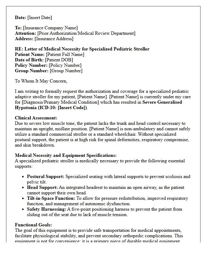 Letter of Medical Necessity for Specialized Pediatric Stroller for Severe Hypotonia