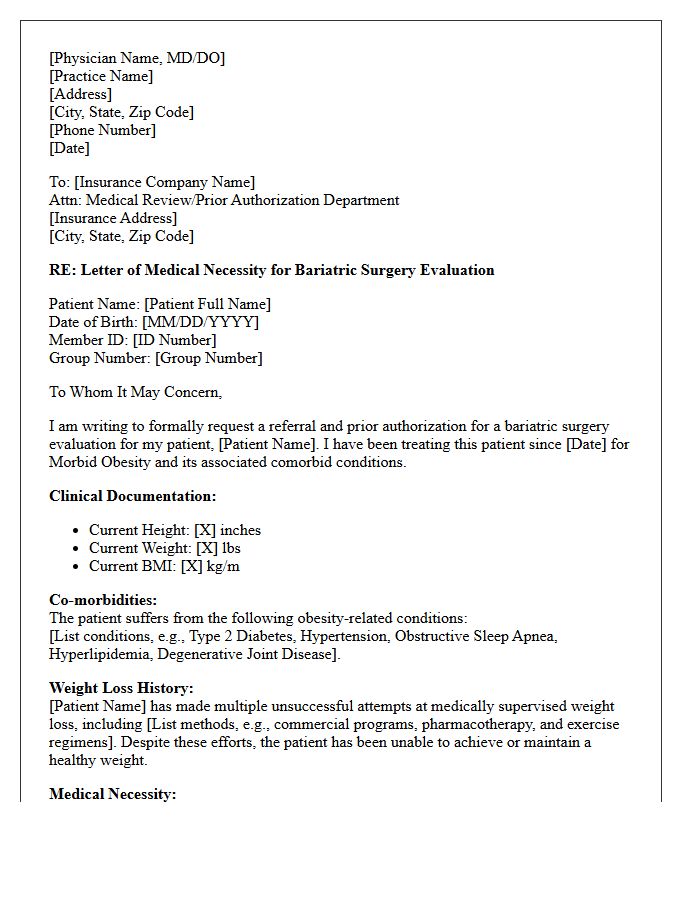 Letter of Medical Necessity for Bariatric Surgery Evaluation