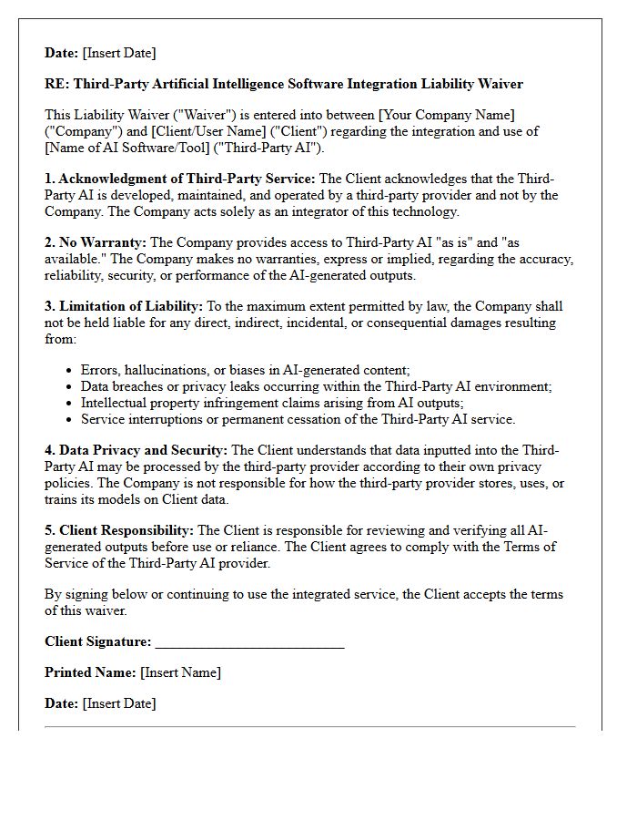 Third-Party Artificial Intelligence Software Integration Liability Waiver Letter