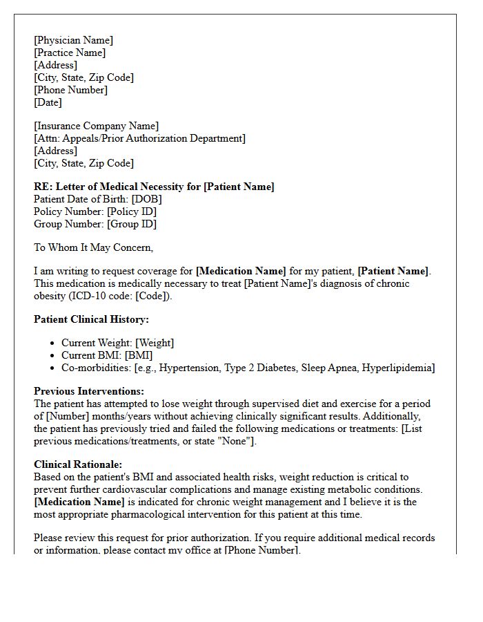 Letter of Medical Necessity for Prescription Weight Loss Medication