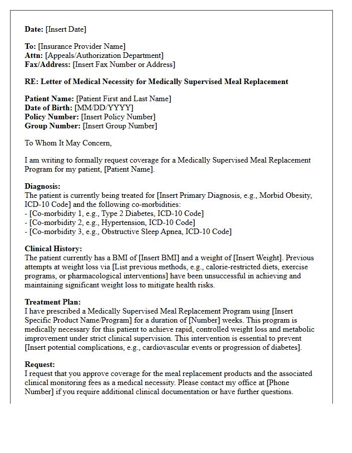 Letter of Medical Necessity for Medically Supervised Meal Replacement