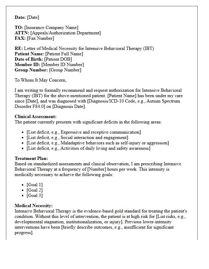 Letter of Medical Necessity for Intensive Behavioral Therapy