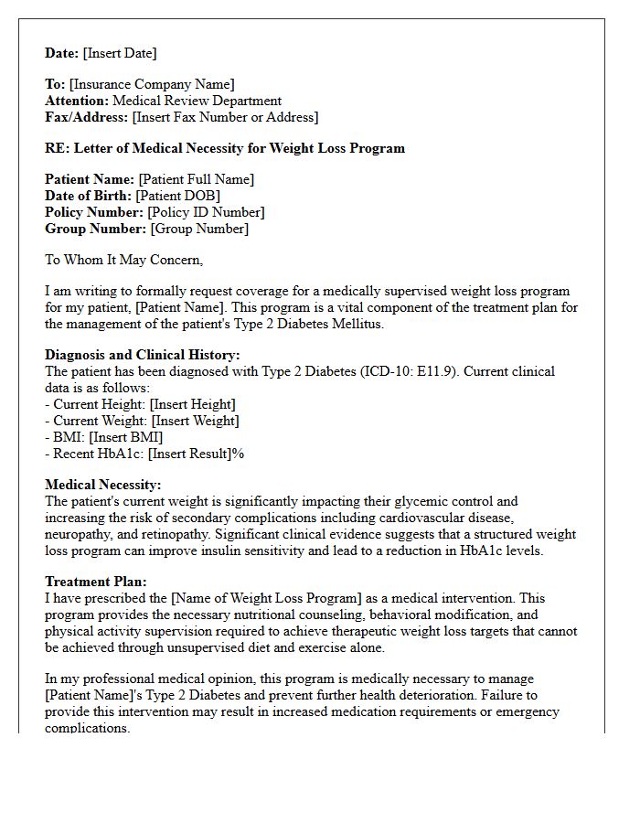 Letter of Medical Necessity for Weight Loss Program Due to Type 2 Diabetes
