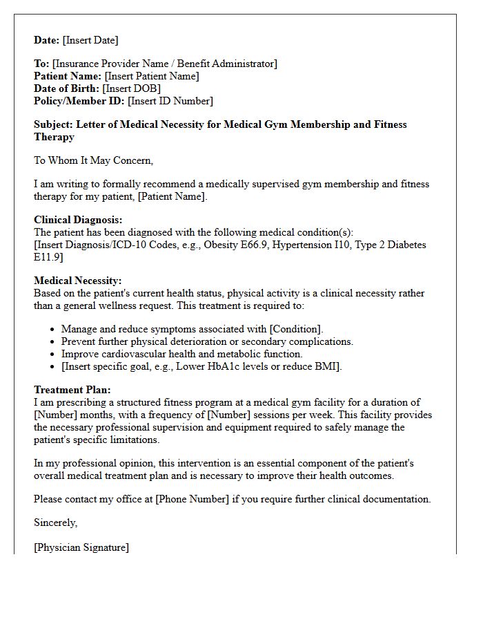 Letter of Medical Necessity for Medical Gym Membership and Fitness Therapy