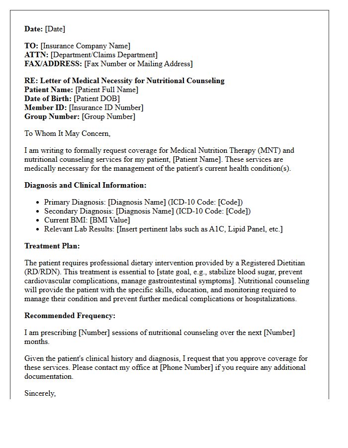 Letter of Medical Necessity for Nutritional Counseling and Dietitian Services