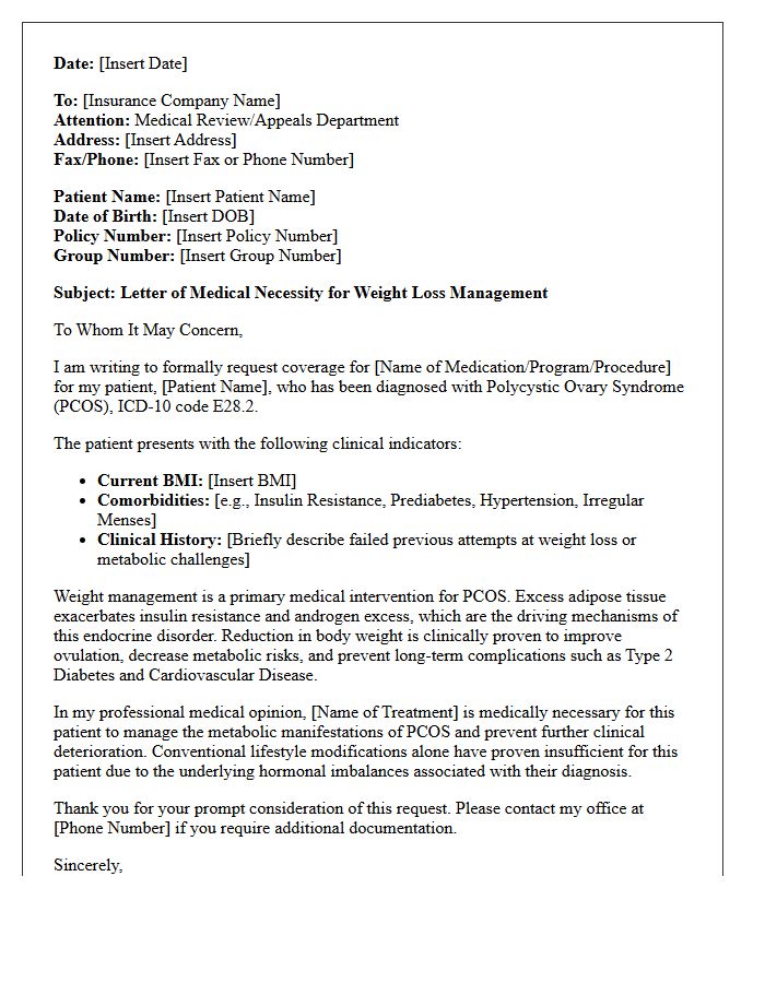 Letter of Medical Necessity for Weight Loss Management Related to Polycystic Ovary Syndrome