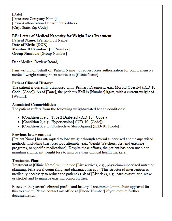 Letter of Medical Necessity for Insurance Pre-Authorization for Weight Loss Clinic