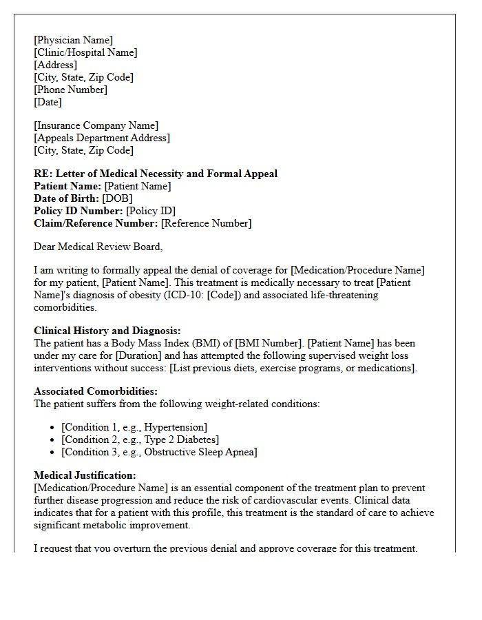 Letter of Medical Necessity for Appeal of Denied Weight Loss Treatment Claim