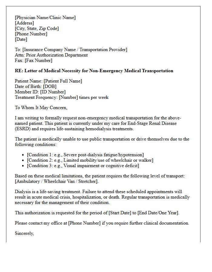 Letter of Medical Necessity for Routine Dialysis Transportation