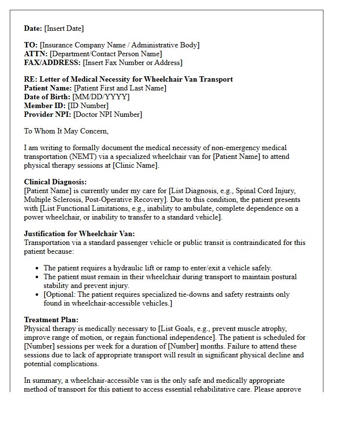 Letter of Medical Necessity for Wheelchair Van Transport to Physical Therapy Clinic