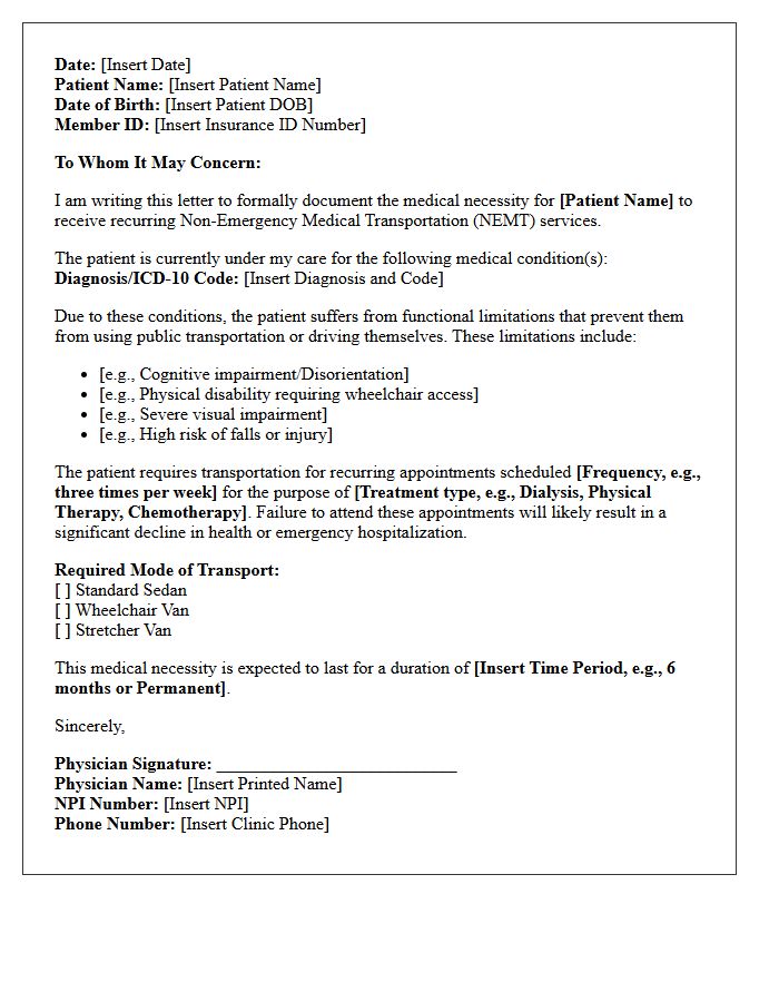Primary Care Letter of Medical Necessity for Recurring Non-Emergency Transportation