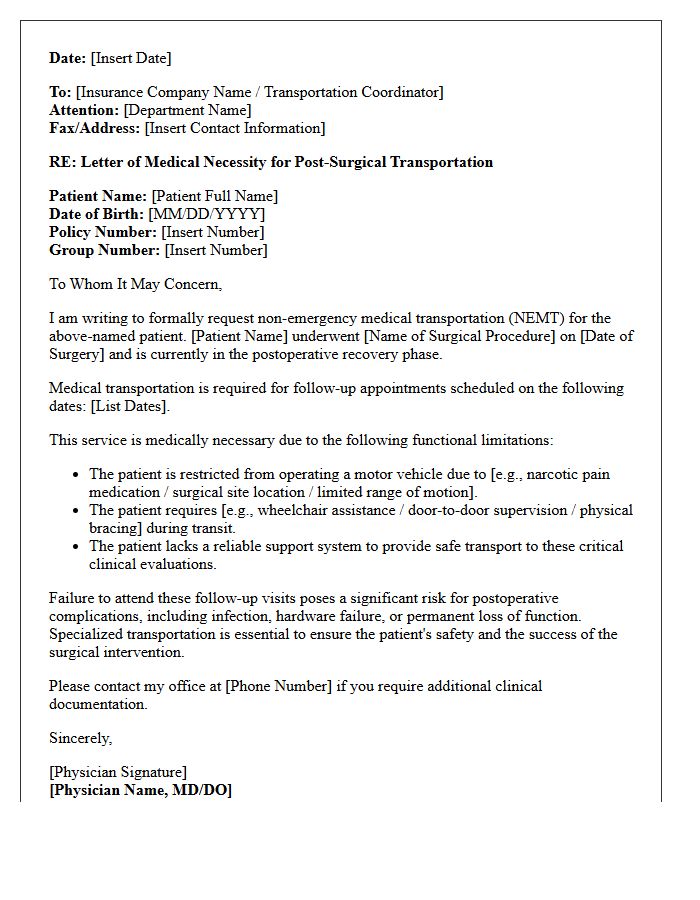 Letter of Medical Necessity for Post-Surgical Follow-Up Transportation